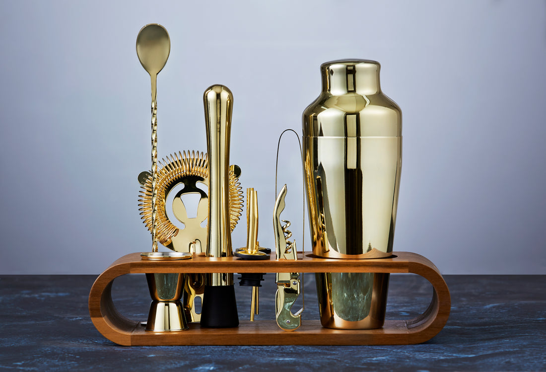 Gold Stainless Steel Bar Set, Acacia Stand