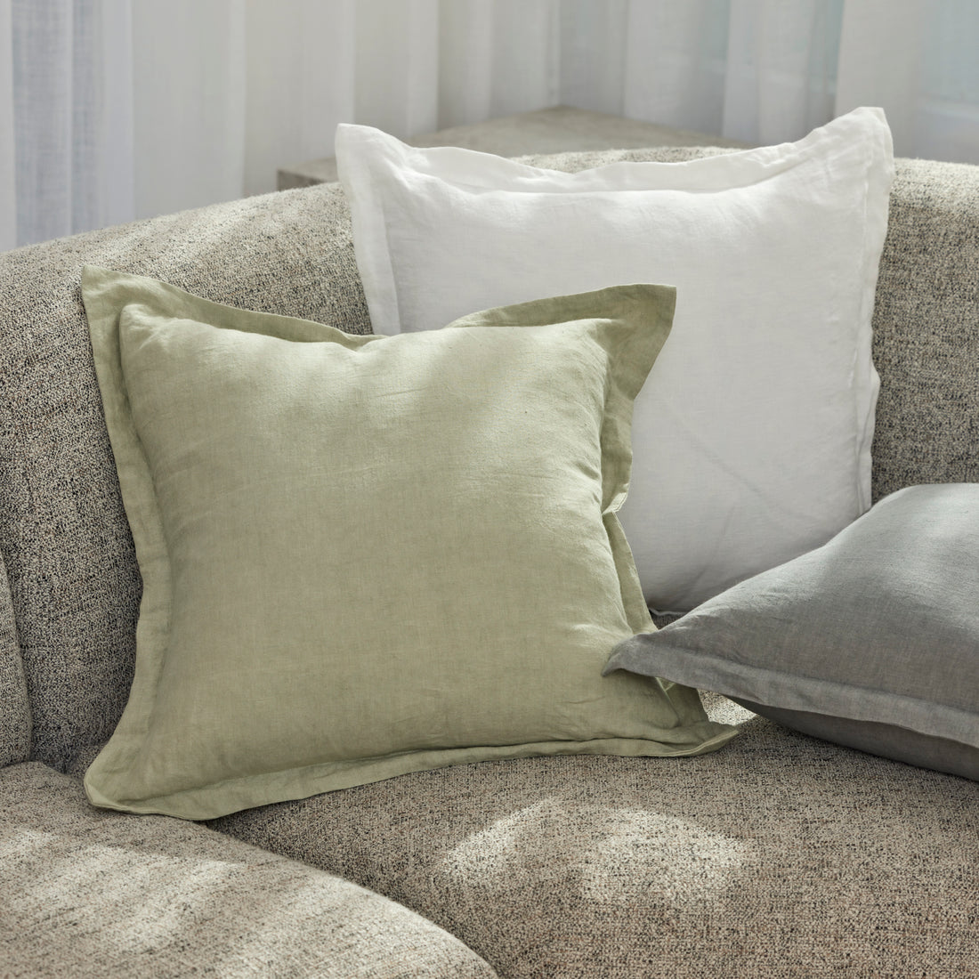 Green Linen Cushion, Flanged Border 50cm